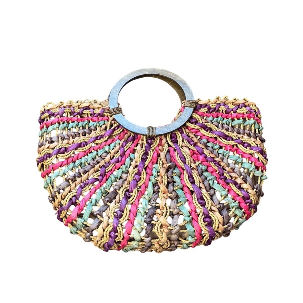 Charming Charlie Woven Straw Handbag Multi Color Wood Handle Boho Tote‎ Bag